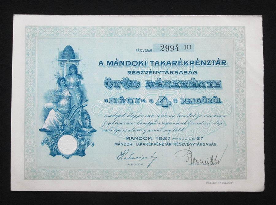 Mándoki Takarékpénztár ötöd részvény 4 pengõ 1927